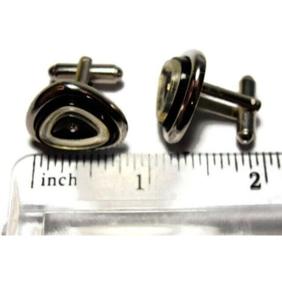 Signed Shields Triangle Black Silver Tone Cufflinks Tux Shirt Dress Suit Vintage - Picture 8 of 10